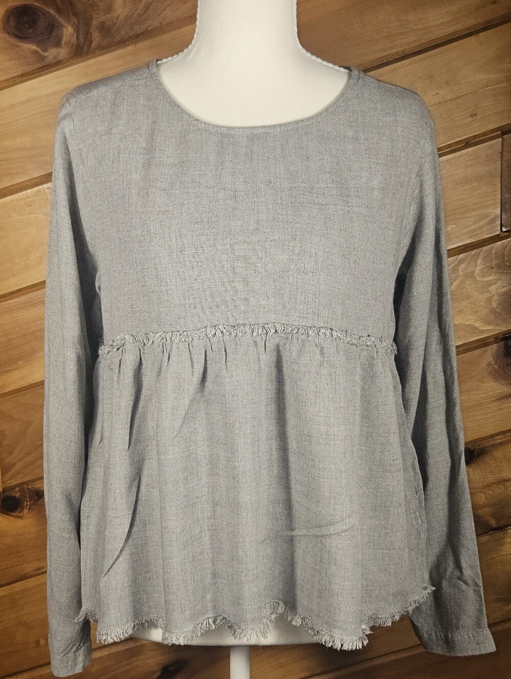 Anthropologie Cloth & Stone Frayed Hem Gray Long Sleeve Babydoll Blouse Size S